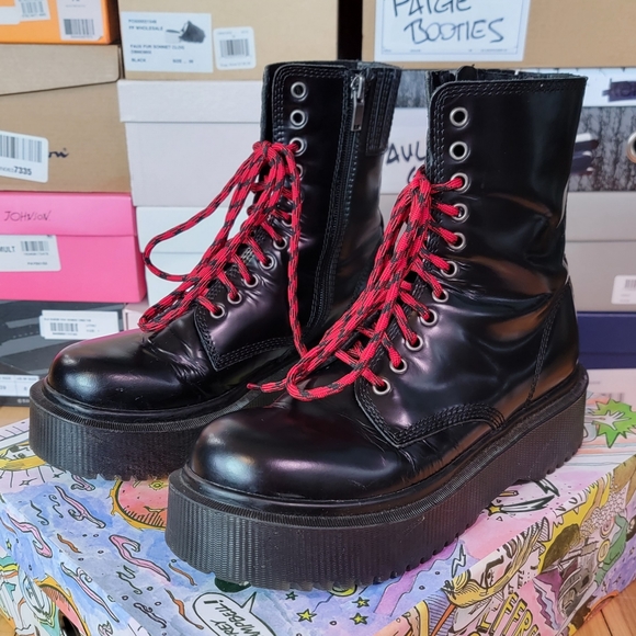 Jeffrey Campbell Black Box Lug Bottom Ankle Lace Up Bootie Side Zip - Picture 3 of 7